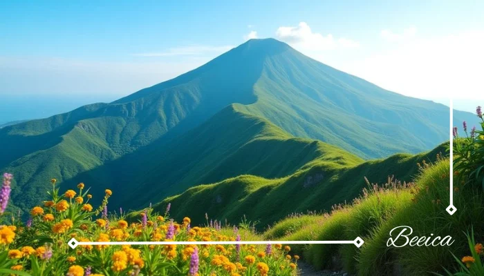 Halla Mountain with lush greenery and clear blue sky Halla Mountain with lush greenery and clear blue sky