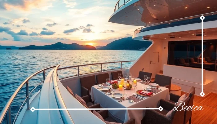 Luxurious yacht dining on Jeju Island at sunset Luxurious yacht dining on Jeju Island at sunset