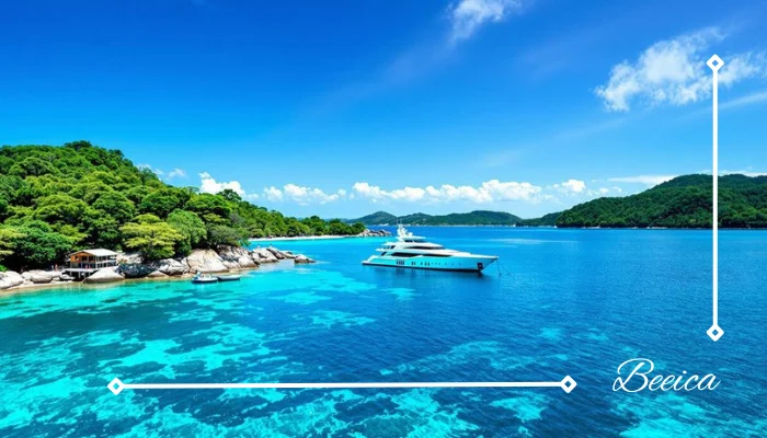 Luxurious yacht in Jeju Islands clear blue waters Luxurious yacht in Jeju Islands clear blue waters