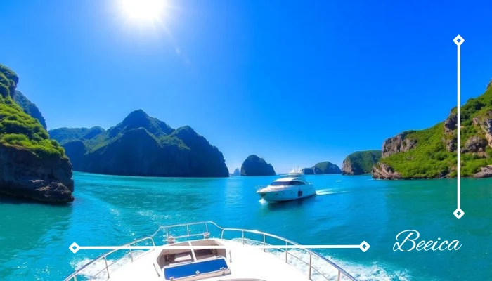 Luxurious yacht on turquoise waters of Jeju Island Luxurious yacht on turquoise waters of Jeju Island