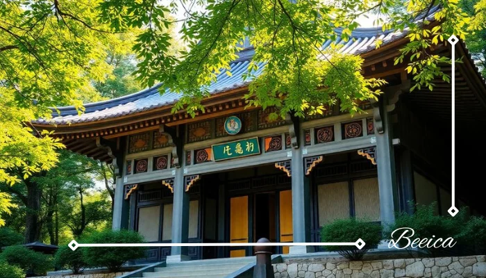 Traditional South Korean temple surrounded by greenery and sunlight Traditional South Korean temple surrounded by greenery and sunlight
