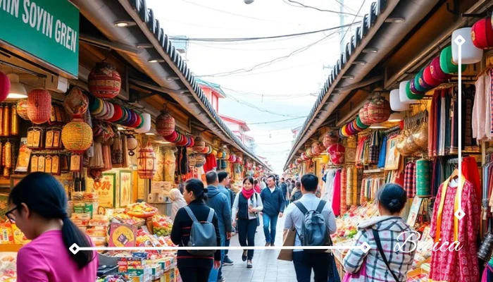 colorful South Korean market with stalls and shoppers colorful South Korean market with stalls and shoppers